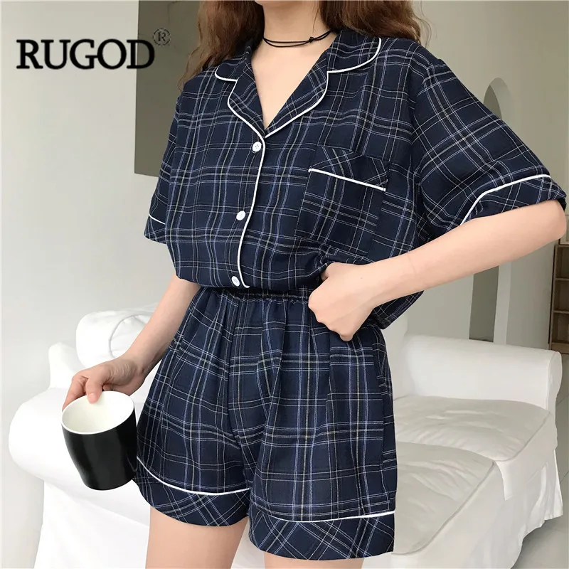 Новая Винтажная клетчатая пижама RUGOD женская модная рубашка с коротким рукавом +