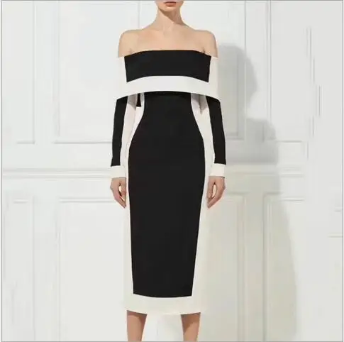 top quality autumn and winter sexy evening party bandage dress slash neck black and white lady celebrity bodycon dress wholesale