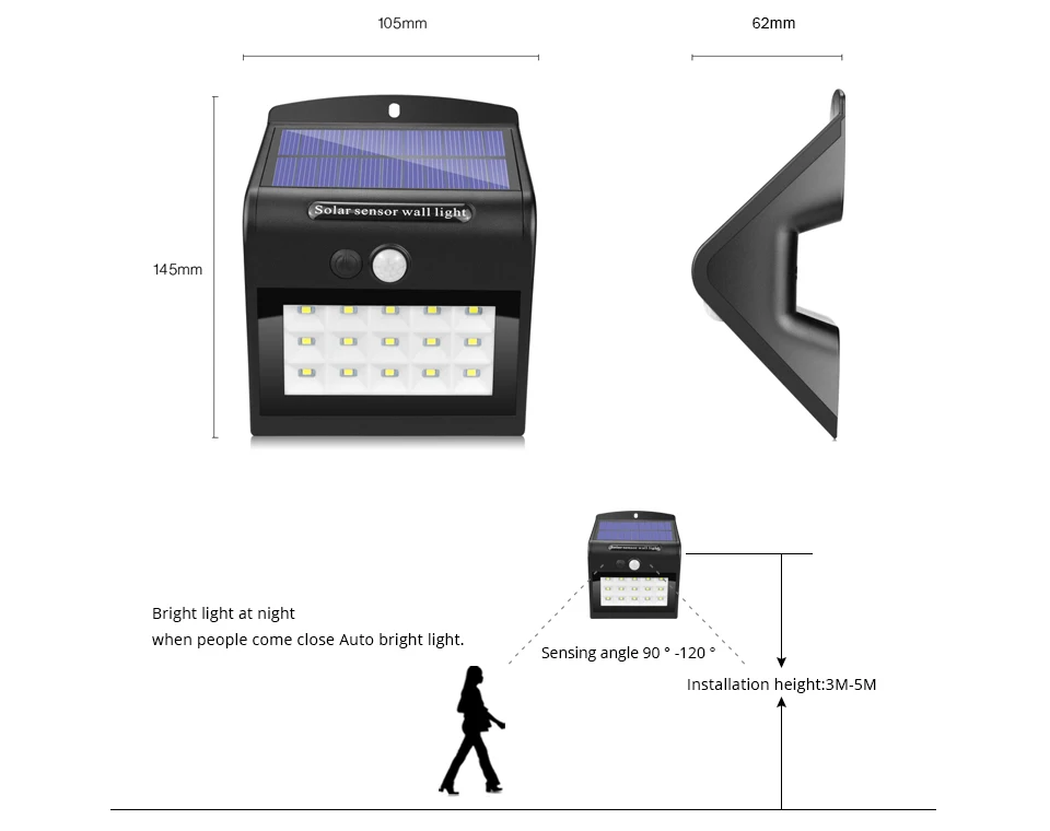 15 светодиодов, солнечный светильник, солнечная панель, лампа питания, PIR датчик движения, дорожка, светильник, уличный, для крыльца, для безопасности, для улицы, водонепроницаемый, настенный светильник