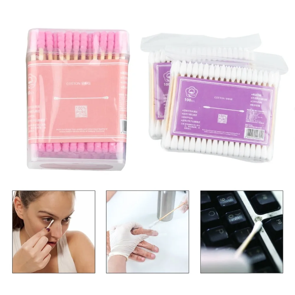 100pcs/pack Double Head Cotton Swab Ear Cleaning Soft Disposable Medical Wood Sticks Health Care Beauty Makeup Tools Nail Brush