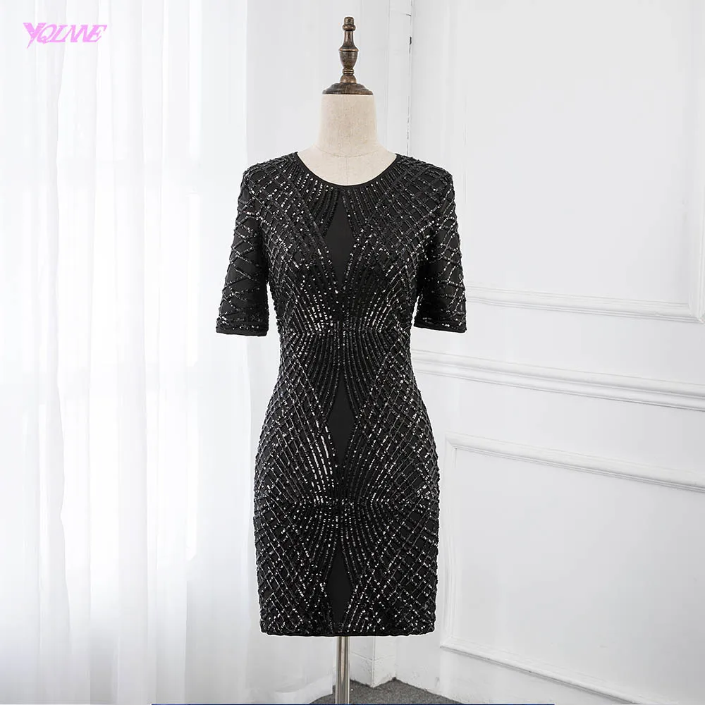

Fashion Black Half Sleeves Evening Dress Short Sheath Evening Gown Sequins YQLNNE
