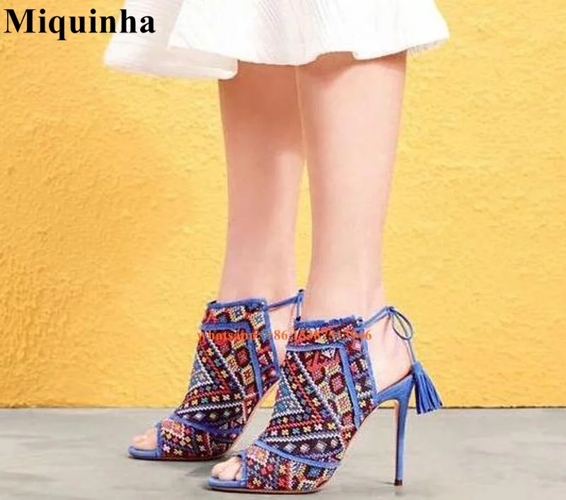 Summer New Fashion Multi Color Totem Women Lace Up Sandals Sexy Peep Toe Ladies Slingback High Heels Blue Suede Real Pictures