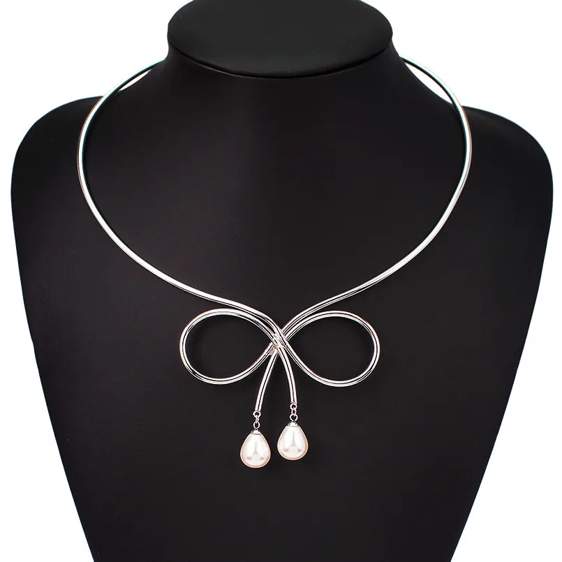 Ожерелье-чокер с искусственным жемчугом для женщин, Трендовое ожерелье с бантом из сплава, массивные подвески, ювелирные изделия UKMOC
