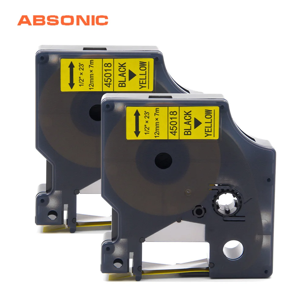 Absoonic 2 шт. 12 мм лента для маркировки DYMO D1 45018 черный на желтый совместимый Dymo LabelManager