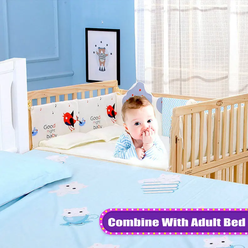 Multifunctional Twins Bed With Bedding Set and Mosquito Net, Bed can Extend and can Joint With Adult Bed, Pine Wood Baby Crib