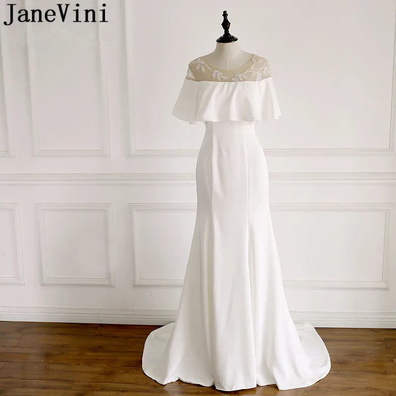 

JaneVini White Beaded Bridesmaid Dress Mermaid Long Train Vestido Dama Ladies Prom Party Dresses For Wedding Guest Sheer Neck
