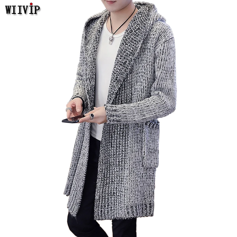 New Cardigans for Men's Hooded Solid Knit Trench Coat thick Cardigan ...