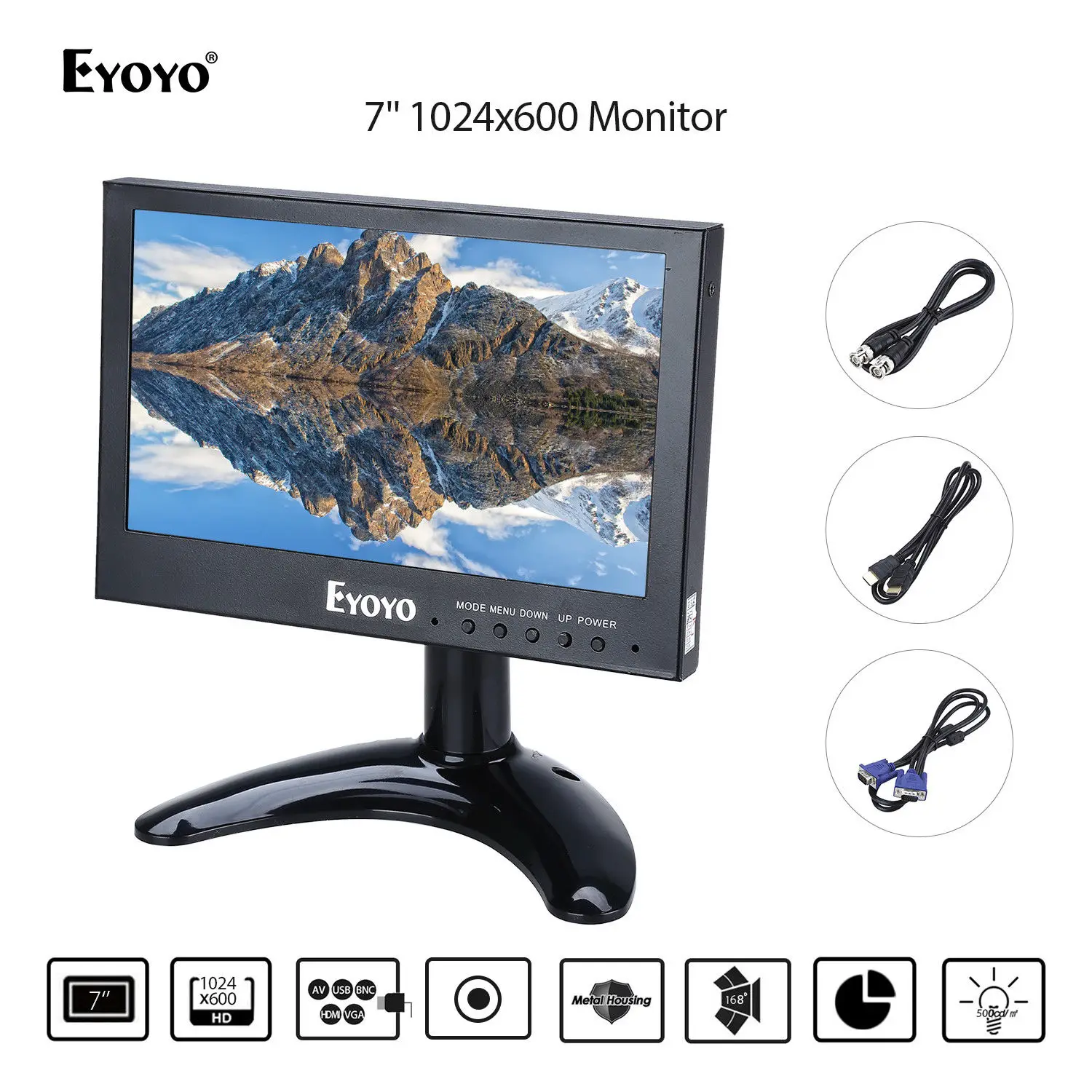 

Eyoyo 7" Mini Monitor 1024x768 LCD Screen Display BNC/VGA/AV/HDMI Output Metal Hosing Design 168degree Wide Angle View Black