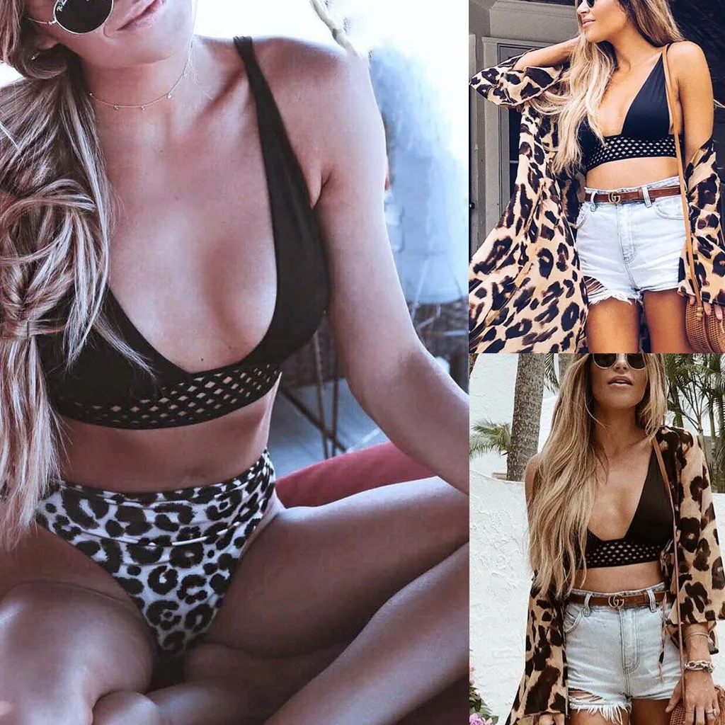 

2019 summer new fashion women high waisted bathing suits swimsuit push up bikini set sexy bikini Patchwork leopard bikinis pad
