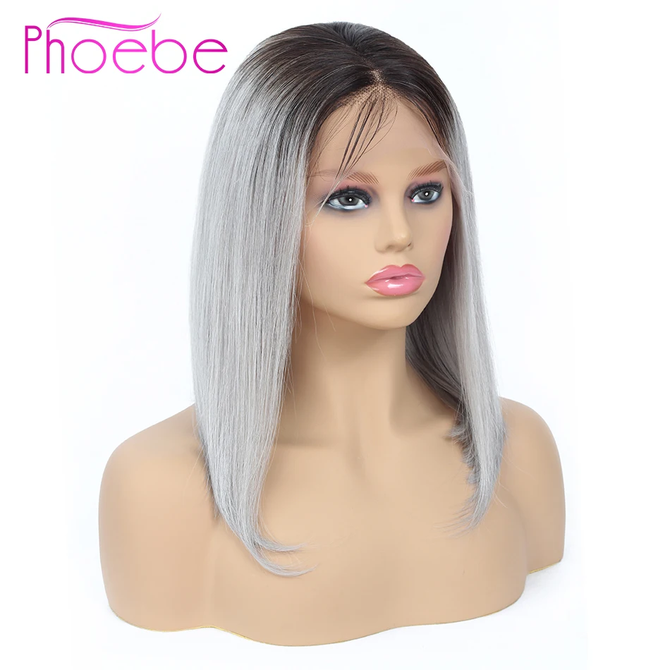 Phoebe синтетический Frontal шнурка волос человеческие волосы парик с Омбре T1B-Gray короткие человеческие волосы Искусственные парики с ребенком