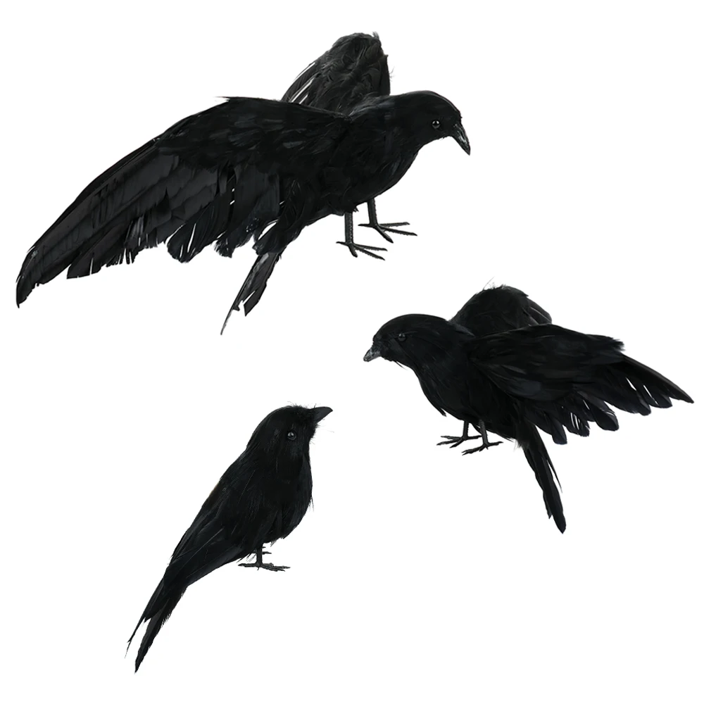 

3pcs/set Halloween Realistic Handmade Crow Prop Black Feathered Bird Fly and Stand Ravens Home Decoration Festival Prop