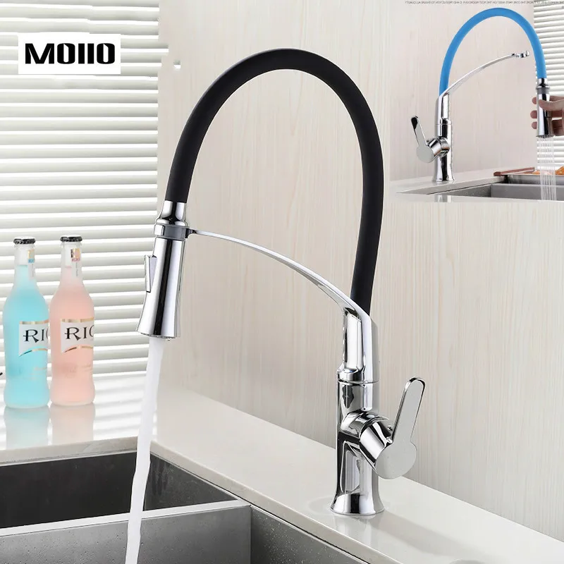 

MOIIO New design Kitchen Faucet with Rubber Design Mixer Pull Out Deck Mounted Brass Black/Blue Pull down Kitchen Sink Faucet