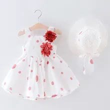 Платье принцессы в горошек с цветочным принтом для маленьких девочек+ шапочка, комплекты одежды летняя одежда для маленьких девочек baju bayi perempuan