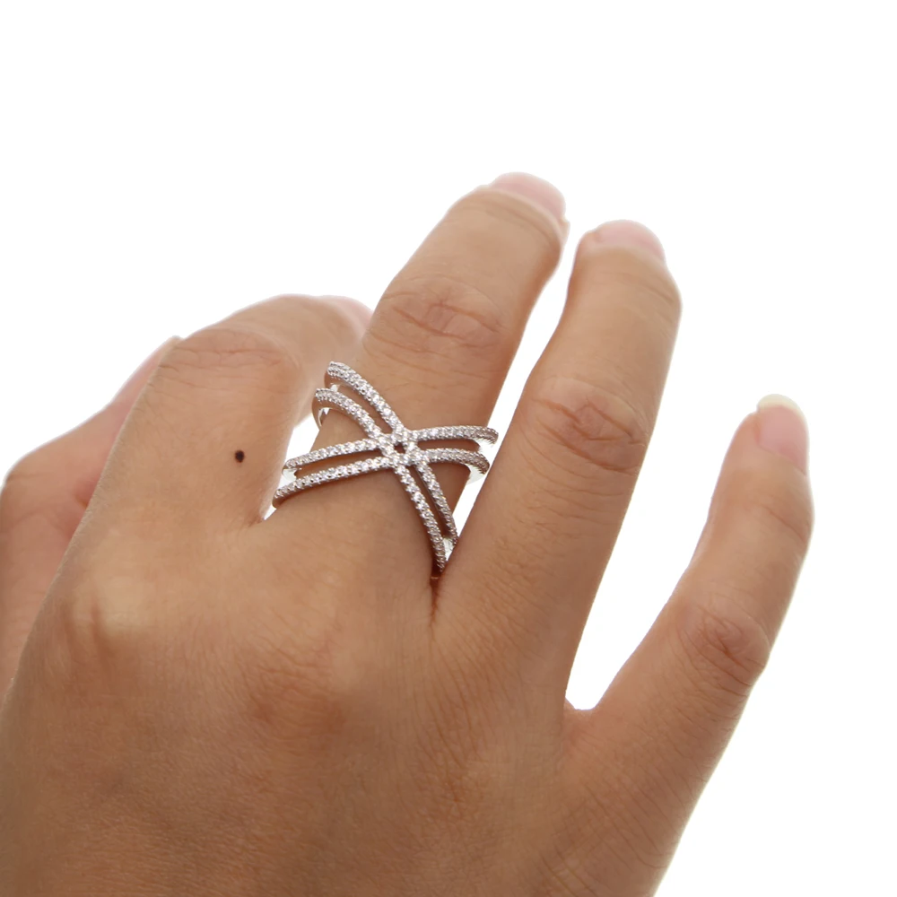 

Genuine 925 Sterling silver size 6 7 8 sparking bling clear cubic zirconia X shape women ladies silver full finger ring