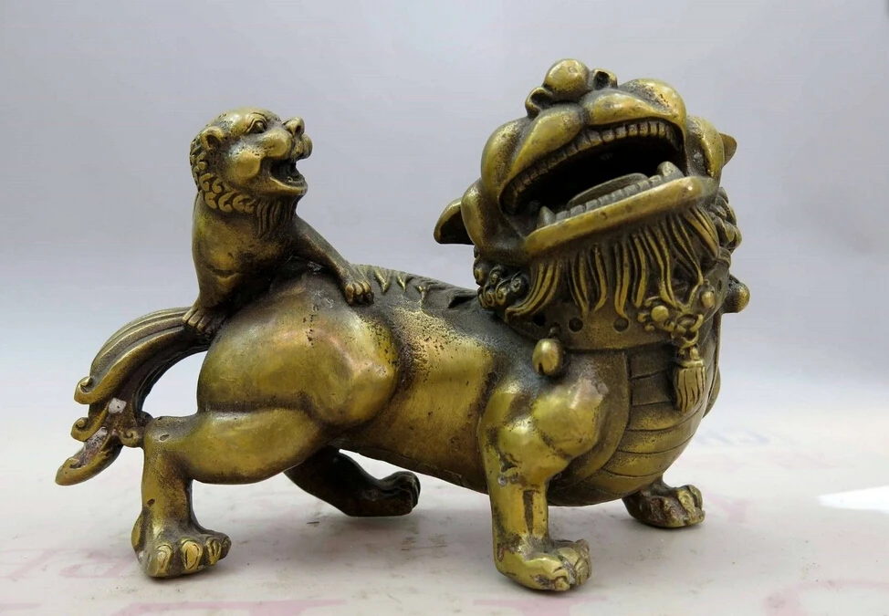 

China brass copper town house Guard Foo Dogs Lion Sculpture Statue