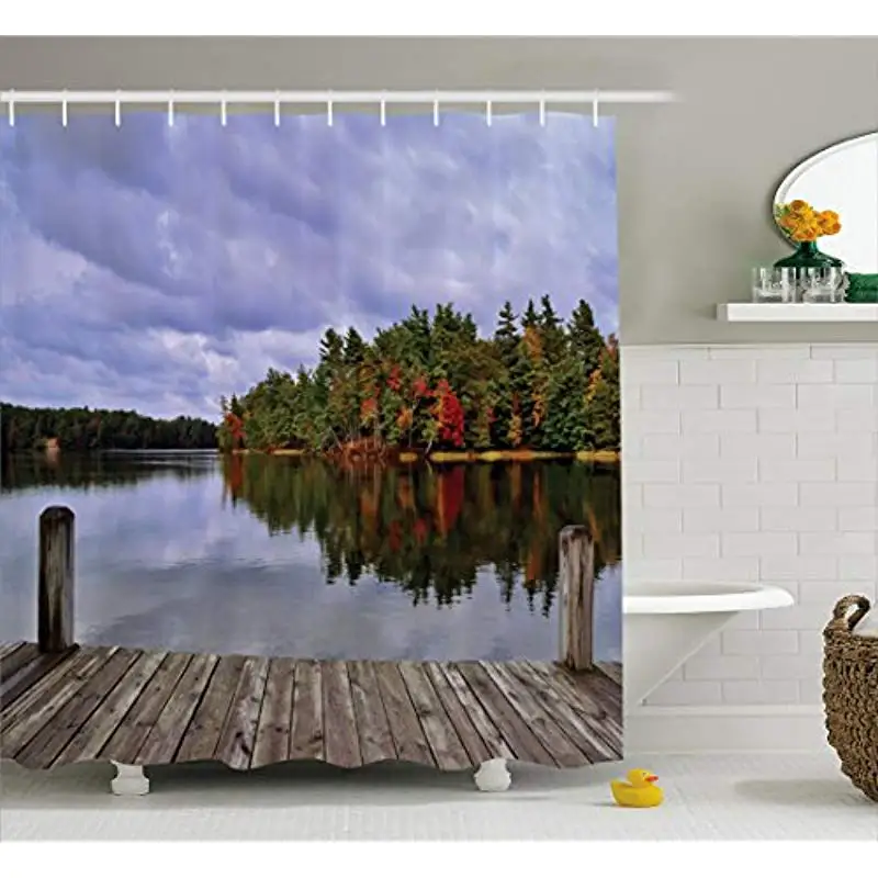 

Vixm Lake Shower Curtain Wooden Dock Island Ablaze in Fall Splendor Ludington State Park in Michigan USA Cloth Fabric Curtains