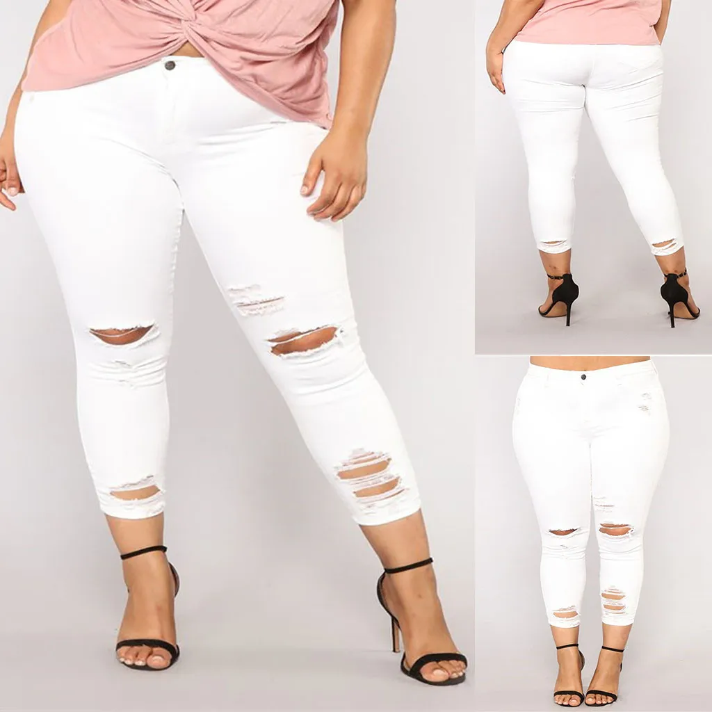 KLV новый ультра эластичный Белый кисточкой рваные джинсы женские джинсовые штаны мотобрюки для женщин карандаш с высокой талией узкие 3XL 4,24