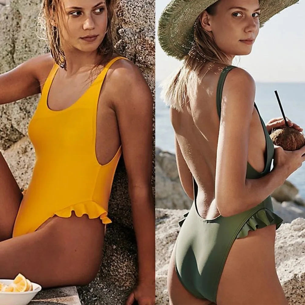 

One Piece High Cut Frilled Swimwear Ruffles Low Back Swimsuit Padded Push Up Tankini Swim suits Girls Women Monokini Summer 2018