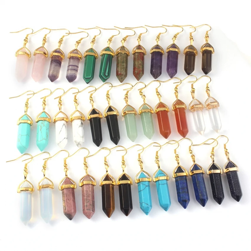 

Kraft-beads Light Yellow Gold Color Pink Quartz Lapiz Lazuli Hexagonal Column Women Earrings Malachite Fluorite Jewelry