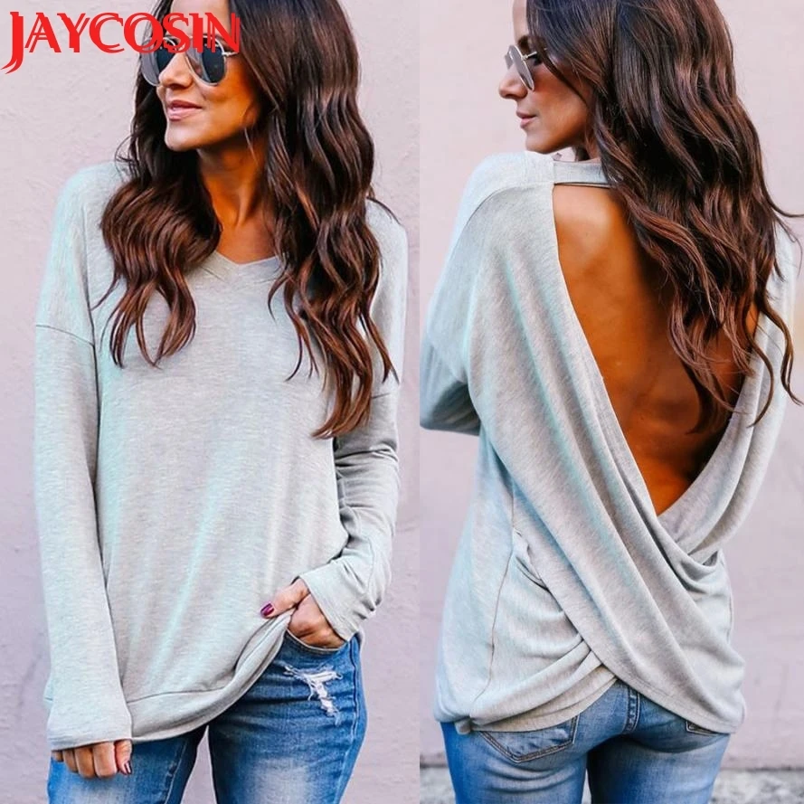 

t shirt 2018 Sexy Fashion Womens Casual Crop Solid V-Neck Backless T-Shirt Solid Tops Dropshipping July 20