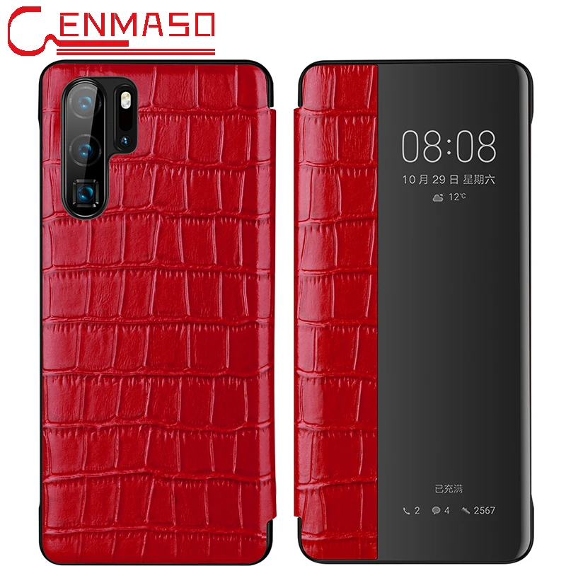 

Huawei P30 Pro Luxury Genuine Leather Flip Cover Case Crocodile Texture Smart Touch View Capa Huawei P30 Flip Phone Case P30pro