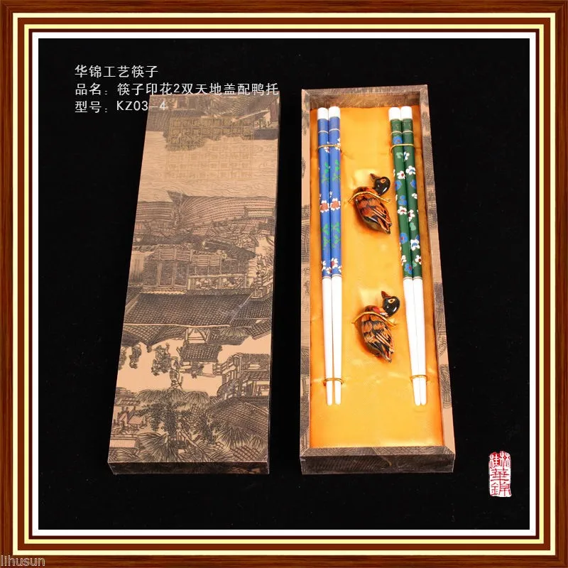 2 пары китайский ручной Винтаж перегородчатой Палочки китайские и утка Поддержка с подарочной коробке