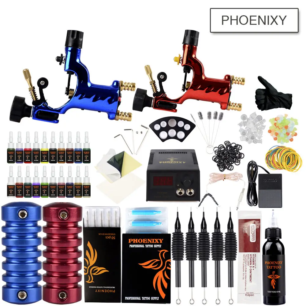 

Professional Tattoo Set 2 Rotary Machine Guns Kit Balck Inks Pigment LCD Power Body Art Permanent Makeup Complete Tattoo Kit