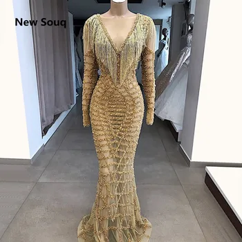 

2019 Unique Design Sexy Illusion Mermaid Evening Dresses with Tassel Sequins Long Sleeves Middle East Dubai Arabic Prom Dress
