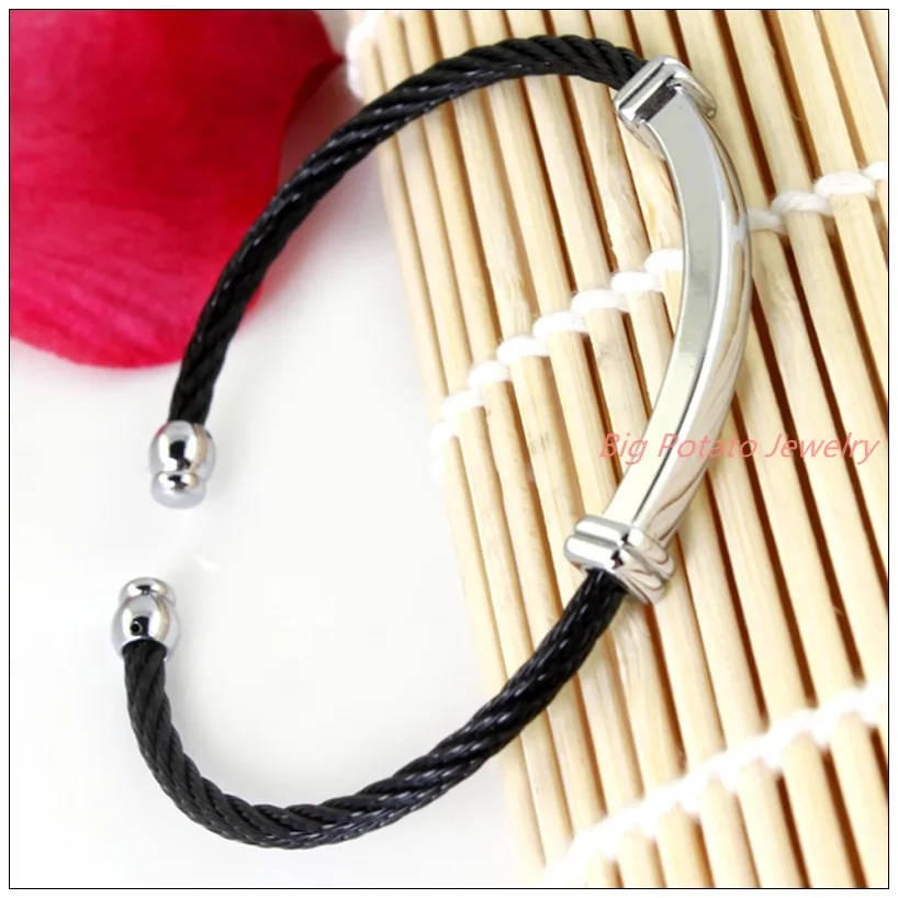 

Free Shipping Classic 100% 316L Stainless Steel Silver Black Tone Wire Cable Chain Mens Womens Bracelet Bangle High Quality 13g