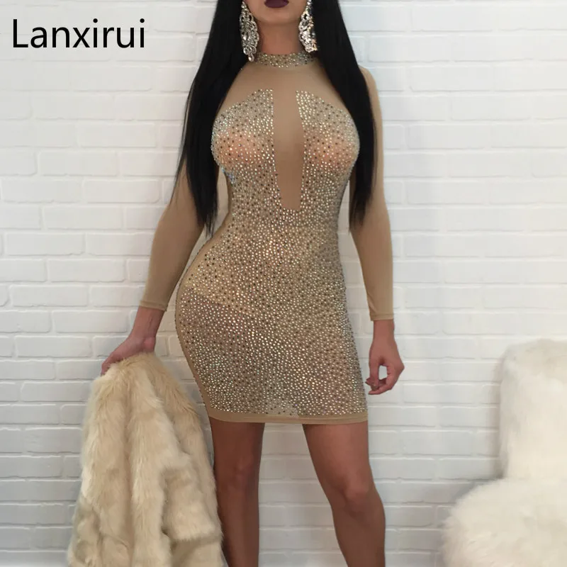 

Stylish Women 'S O Neck Hot Drilling Bodycon Party Dress Sexy Rhinestone Diamonds Sexy Bandage Mesh Dress Plus Size