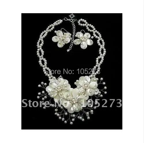 

Natural Mother of Pearl Shell Freshwater Pearl Flower Necklace/Earring Set 16''Bridal Free Shipping FN630