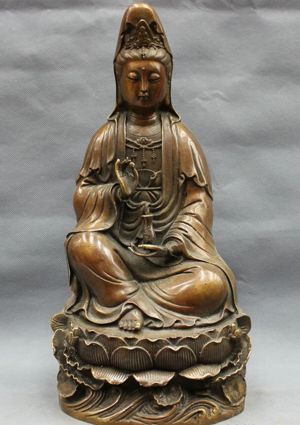 

fast shipping USPS to USA S1845 15" Chinese Bronze Copper Folk Home Lotus Kwan-Yin Guan Yin Pot Goddess Statue