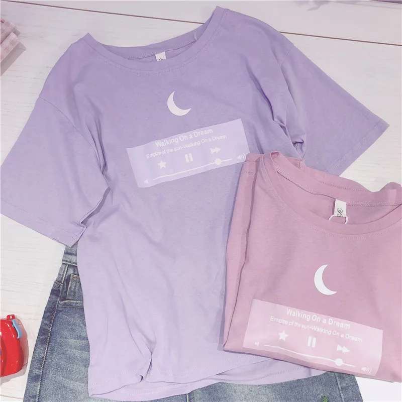 

Summer Harajuku Women Moon Cartoon Kawaii T-shirt Radio Graph Letters Printed T shirts Casual Tees Short Sleeve O-neck Cute Tops