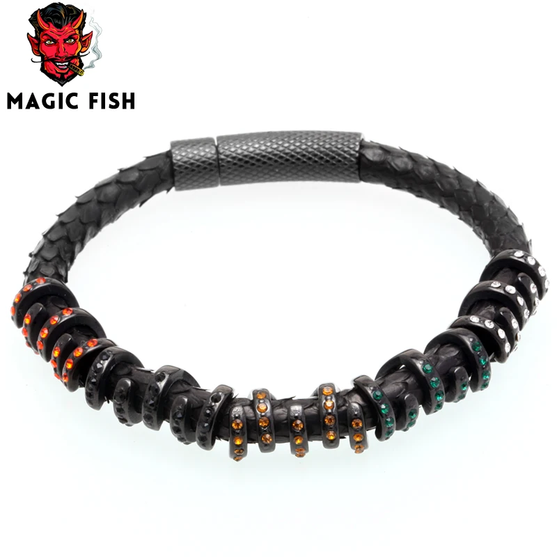 

Magic Fish Men Leather python bracelet Stainless Steel Black Nail button Copper CZ Charms bracelets&bangles jewelry bileklik