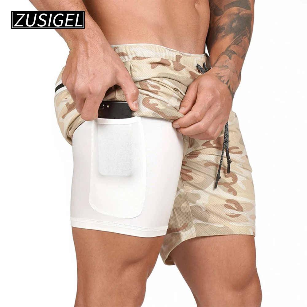 

ZUSIGEL Men's Double layer Shorts Quick-Drying Breathable Running Training Fitness Sportswear Sweat Camouflage Workout Shorts