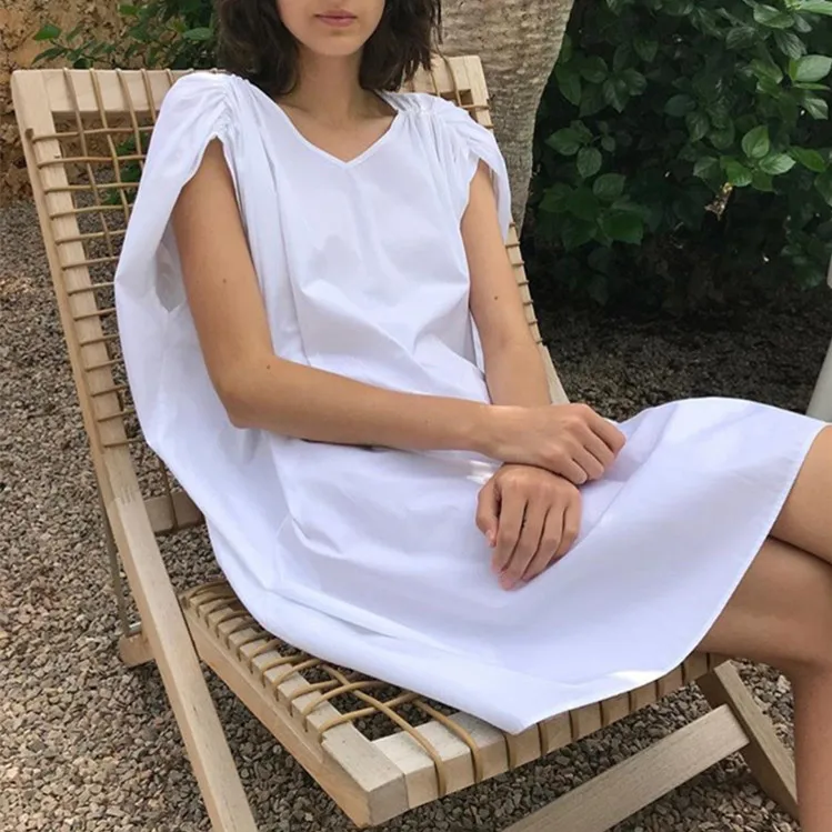 

Cakucool New runway Design Summer Dress Sleevelss Large Size Vestido O-neck Cape Sleeve Oversize Loose Mid Long Dresses White
