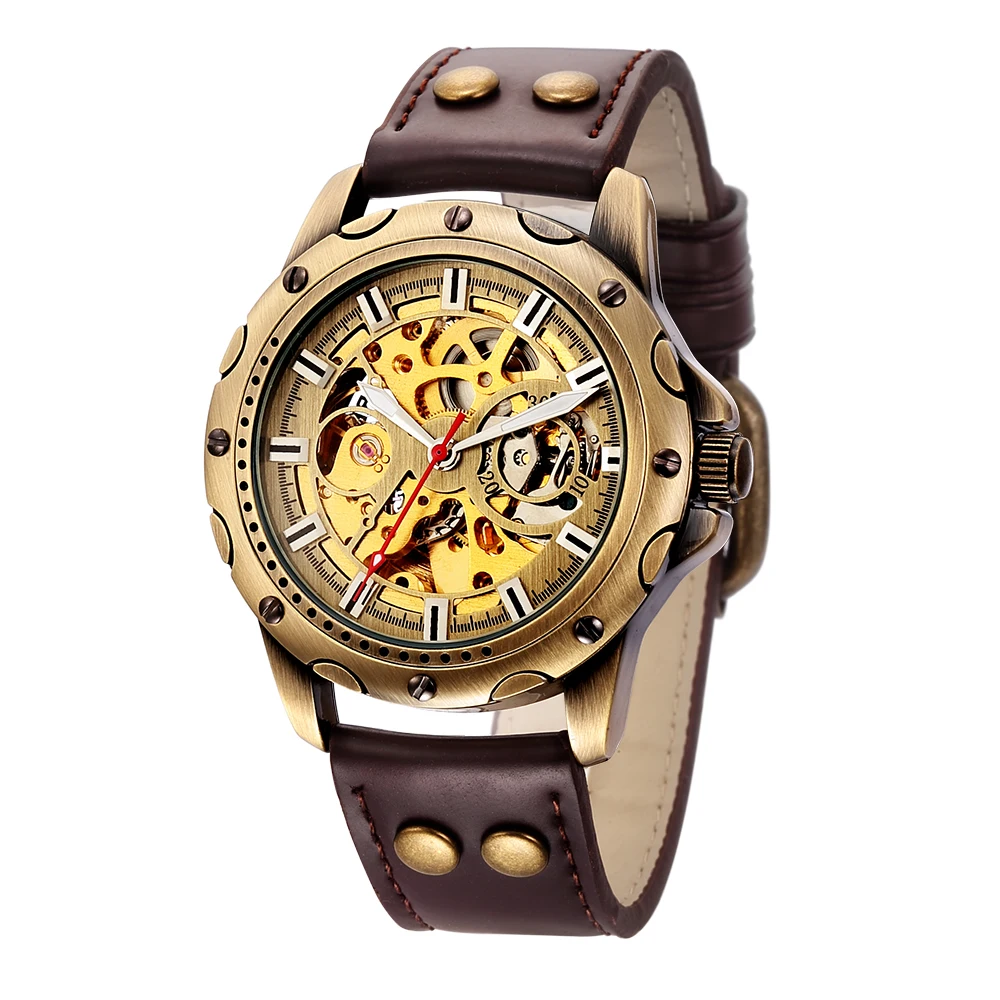 

SHENHUA Men Mechanical Watch Retro Bronze Skeleton Steampunk Self Winding Automatic Wristwatches Leather Strap Male Clock