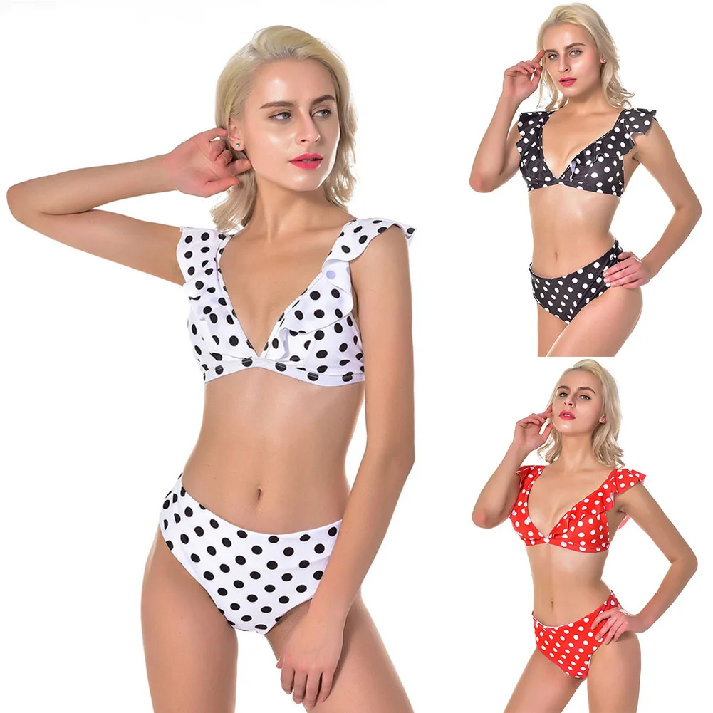 

Women Summer Print Bikini Top with Pants Deep V Neck Polka Dots Ruffled Bathing Suit MC889