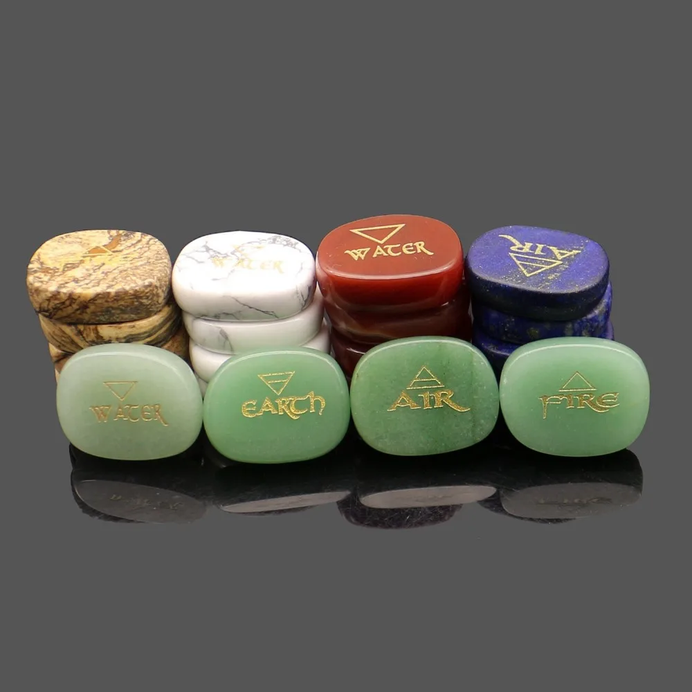 

4PCS Natural Quartz Chakra Palm Stone Crystal Engraved Element Symbols Reiki Healing Set Air Water Fire Earth Free Pouch