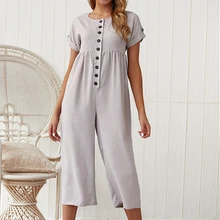 Fashion 2019 Summer Womens Casual Solid Color Buttons Wide Leg Jumpsuit Holiday Loose Short Sleeve Crew Neck Playsuit Romper Fashion 2019 Summer Womens Casual Solid Color Buttons Wide Leg Jumpsuit Holiday Loose Short Sleeve Crew Neck Playsuit Romper