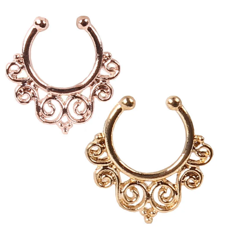Faux Fake Nose Ring Cheater Clip On Septum Clicker Non Piercing Hoop Gold Tribal Swirls Body Jewelry | Украшения и аксессуары