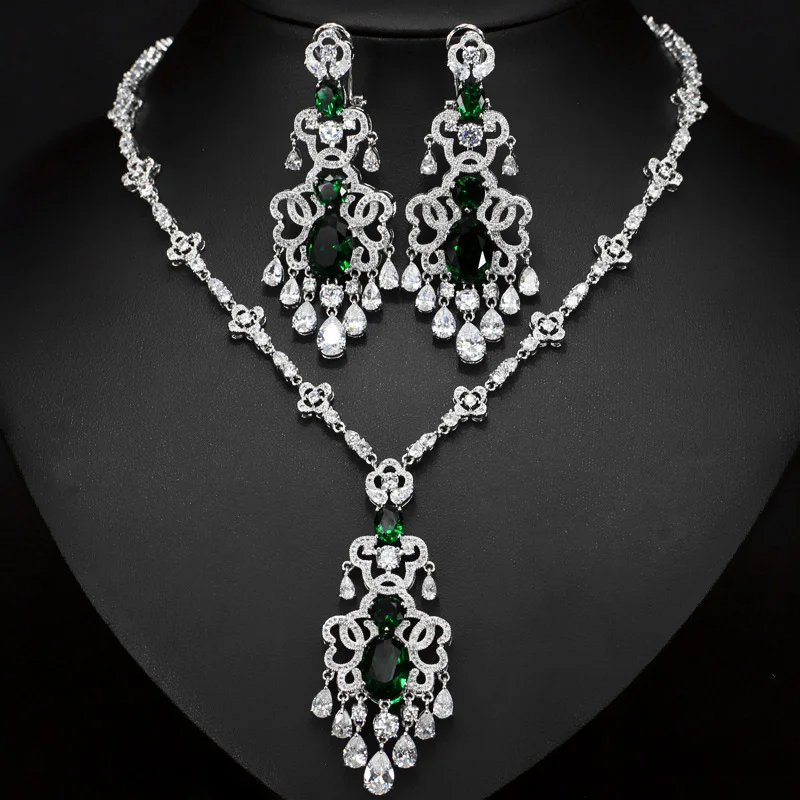 

High Quality Bridal Jewelry Sets Austrian Micro Zirconia Lapis Lazuli Long S Wedding Necklace and Earrings Set For Women