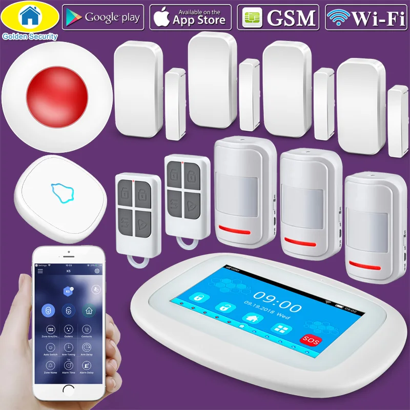 

Gold Security 4.3 Inch WIFI GSM Security Alarm System APP Control Doorbell PIR Access Sensor Frequency Flashing Siren