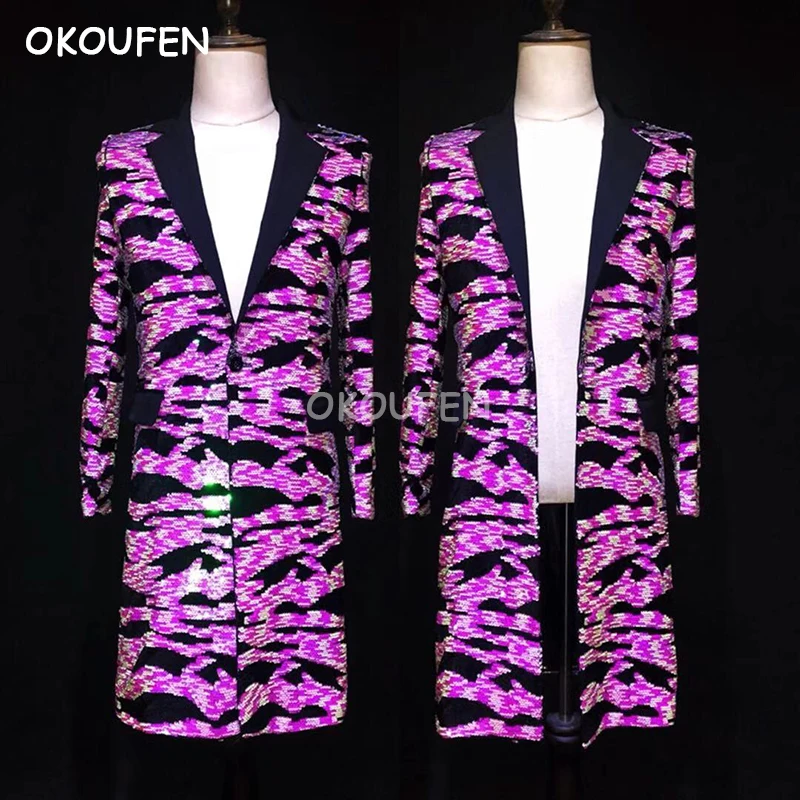 

New Fashion Men's Fluorescence Pink zebra Long Coat Costumes Party show Suit Jacket Nightclub Male Singer Dance Stage Coat