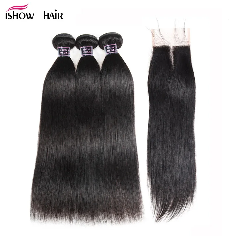 preço Ishow 3 Pacotes com Fecho de Cabelo Liso Indiano Cabelo Humano Gratuito Oriente Três Parte Lace Encerramento com o Cabelo Do Bebê Não cabelo Remy