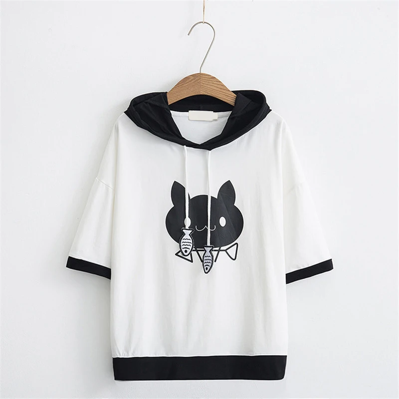  2018 Spring Summer New Women's Loose Hoodies Large Size Cute Cartoon Cat Pullovers Women Hooded Sho