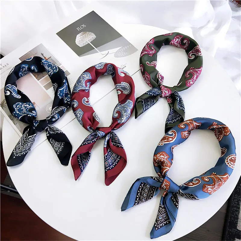 

New Elegant Women Square Silk Scarves Head Neck Feel Satin Foulard Bandana Skinny Retro Hair Tie Band Small Scarf