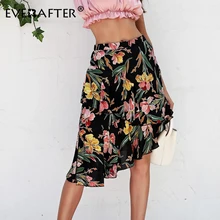 EVERAFTER Casual Flower Print Asymmetrical mini women skirt Ruffles Split High waist chiffon summer holiday beach female skirts
