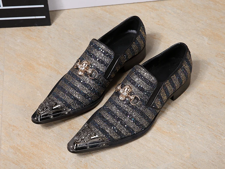 

New Imitate Snake Leather Men Oxford Shoes Pointed Toes Str iped Patchwork Male Dress Shoes Mix Colour Slip-On Iron Toes shoes