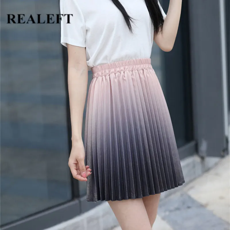 

REALEFT New Arrival Women Gradient Bling Bling Elegant Pleated Sexy Mini Skirts High Waist Harajuku Tulle A-Line Short Skirts